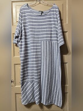 Catherines Gray Striped A-Line Cotton Blend Midi Dress EUC Size: 4X 30/32